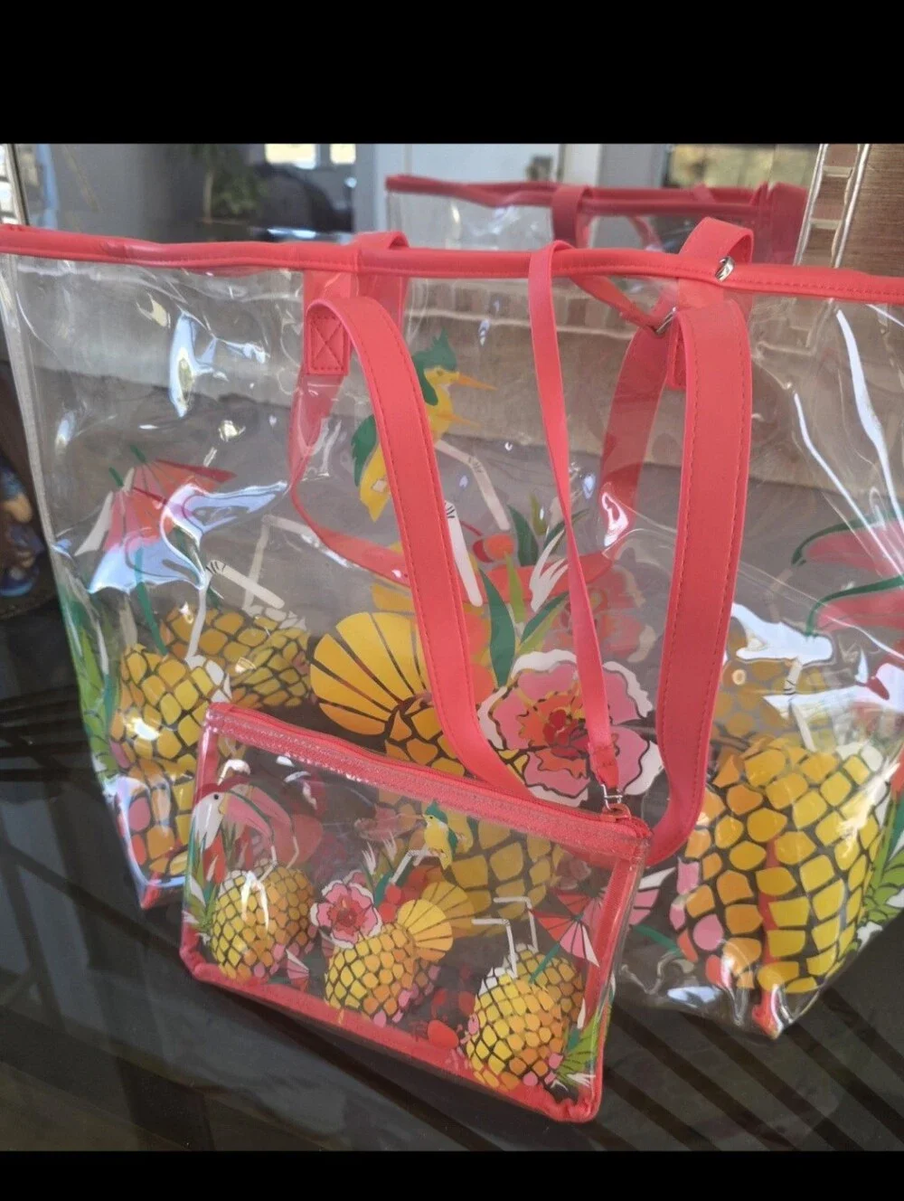 Vera Bradley Clear Tote with Coral Trim and Pineapple Floral Print